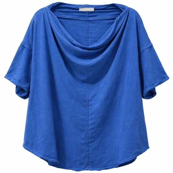 We The Free Cobalt Blue Oversized Cowl Neck Raw Edge Cotton Boho Top - Picture 1 of 6